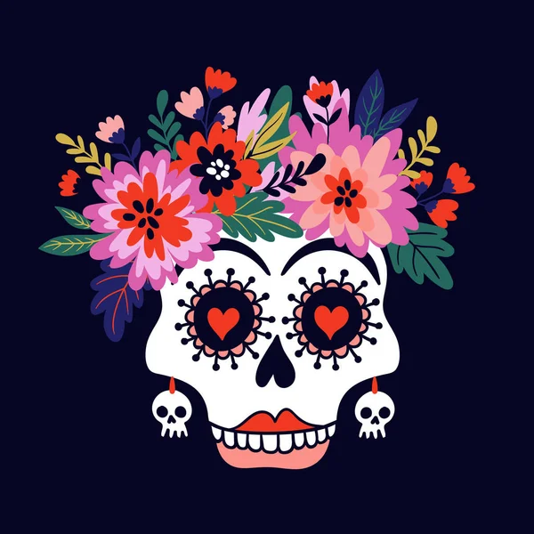 Santa Muerte Tarzı Koyu Mavi Zemin Üzerine Çiçek Çelenk Ile — Stok Vektör