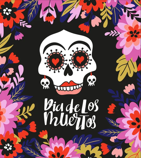 Cartel Colorido Para Día Muertos Con Esqueleto Mujer Flores Sobre — Vector de stock