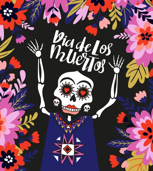 Kolorowy Plakat Dzień Dead Szkielet Kobieta Kwiaty Czarnym Tle — Wektor stockowy