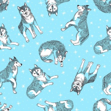 Kar taneleri ile şirin husky ile Seamless modeli. Vektör hayvan arka plan. Çin yeni yılı için 2017 köpek Tasarla.