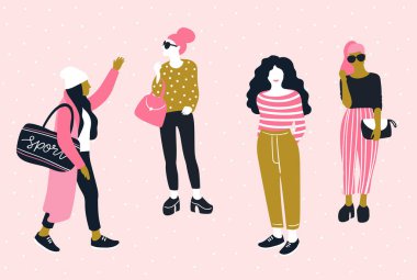 Genç ve güzel kadınlar. Vektör çizim. T-shirt tasarımı için yazdırma.