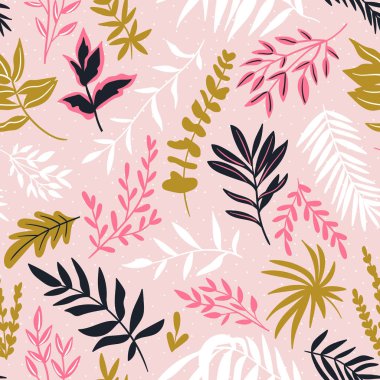Tropikal yaprakları ile Seamless modeli. Elle çizilmiş egzotik bitkiler ile güzel yazdır. Botanik tasarım. Vektör çizim.