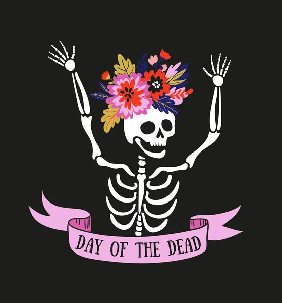 Cartel Invitación Día Muerte Tarjeta Dea Los Muertos Con Esqueleto — Vector de stock