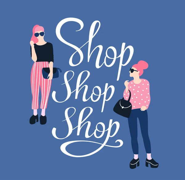 きれいな手書きレタリング ショップ店 と若い女性 ベクトルの図 シャツのデザインの印刷 — ストックベクタ