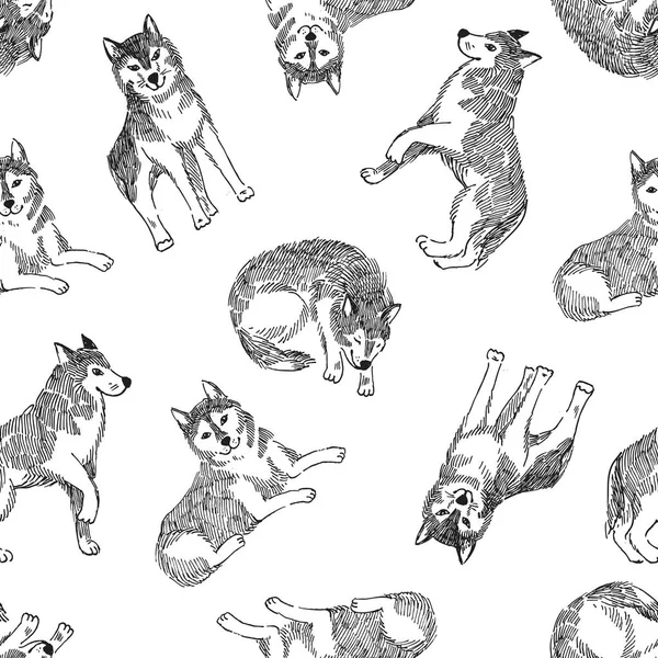 Seamless Pattern Cute Husky Vector Animals Background Monochrome Print Design — Stock Vector