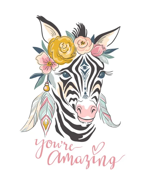 Vectorletters Handgetekende Stijlvolle Illustratie Met Boho Zebra Tekst You Amazing — Stockvector