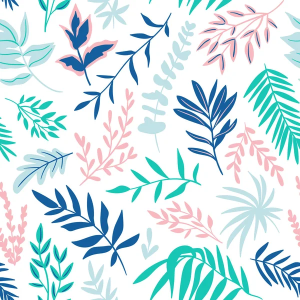 熱帯の葉のシームレスなパターン 手で美しい印刷には エキゾチックな植物が描かれています 植物デザイン ベクトル図 — ストックベクタ