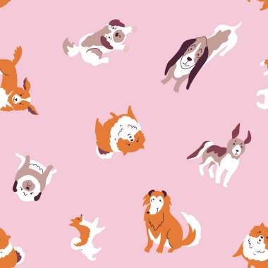 Sevimli el çizilmiş köpekler ile Vektör illüstrasyon. Dikişsiz evcil hayvan deseni. Trendy İskandinav tasarımı. 