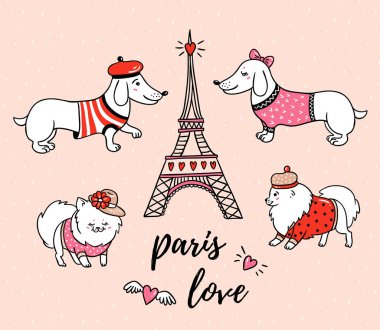 Fransız tarzı köpekler ve Eyfel kulesi pembe arka plan üzerinde izole. Paris dachshund ve pomeranian vektör illüstrasyon Sevimli karikatür çiftler. Kırmızı bere ile Fransız tarzı giyinmiş köpek.
