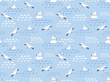 Deniz kuşlarının dikişsiz deseni - deniz martıları. El çizilmiş vektör deniz illüstrasyon.