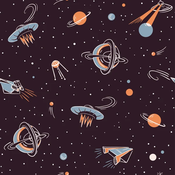 Космический Вектор Бесшовный Шаблон Космическая Ткань Ракетами Планетами Звездами Спутниками — стоковый вектор