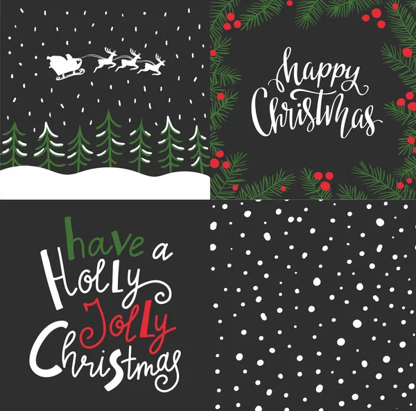 Conjunto Vectores Con Tarjetas Invierno Elementos Navideños Letras Feliz Navidad — Vector de stock