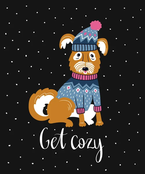 Vector Cartão Inverno Com Cão Bonito Camisola Lettering Get Aconchegante — Vetor de Stock