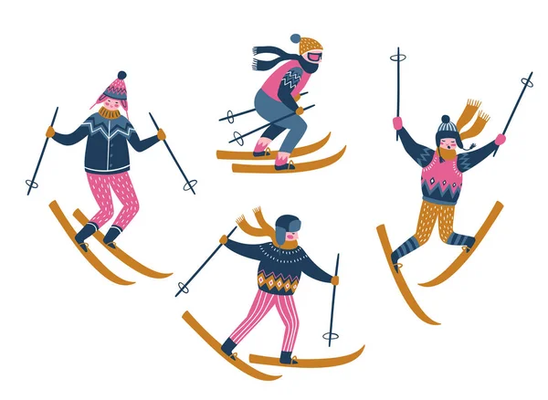 Kayakçıların Vektör Kış Illüstrasyon Spor Çocukları Beyaz Arka Planda Izole — Stok Vektör
