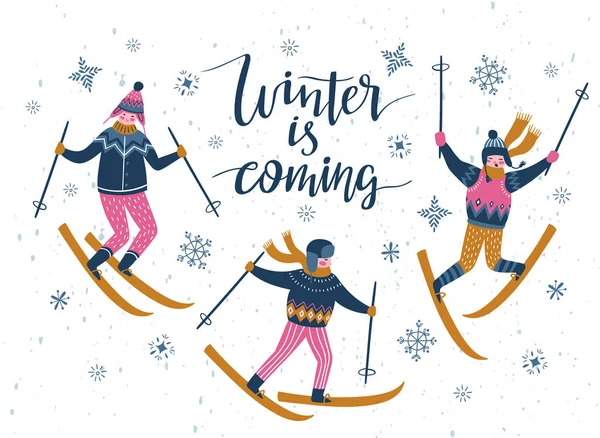 Vector winter  illustration of skiers. Sports children isolated on the white background and lettering - 'winter is coming'. Trendy scandinavian card design.