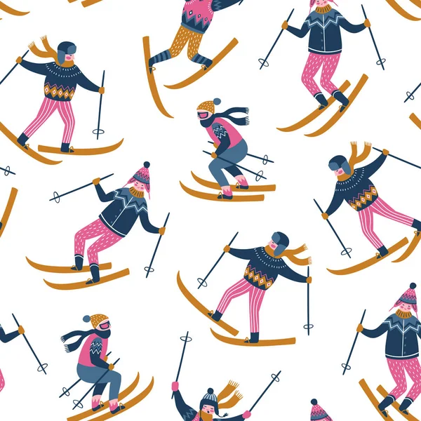 Illustration Vectorielle Hivernale Des Skieurs Enfants Sportifs Dans Station Ski — Image vectorielle
