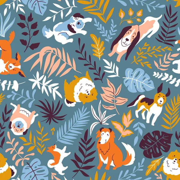 Ilustração Vetorial Com Bonitos Cães Desenhados Mão Plantas Tropicais Padrão — Vetor de Stock