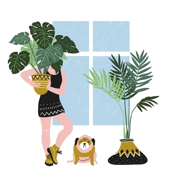 Kamer Met Vrouw Potplanten Pug Dog — Stockvector