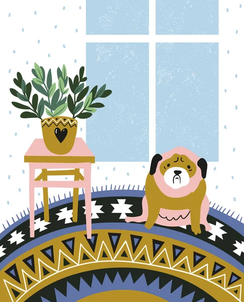 Room Carpet Potted Plant Pug Dog — Stock Vector