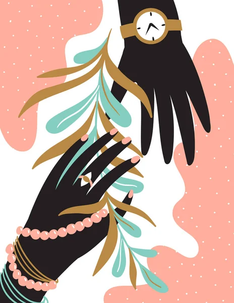 Женские Руки Листьями Бусами — стоковый вектор