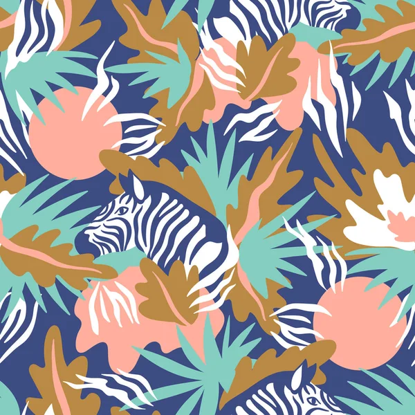 Fundo Sem Costura Com Folhas Animais Zebras — Vetor de Stock