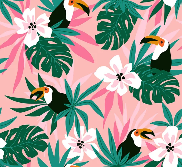 Fondo Sin Costuras Con Hojas Tropicales Flores Aves — Vector de stock