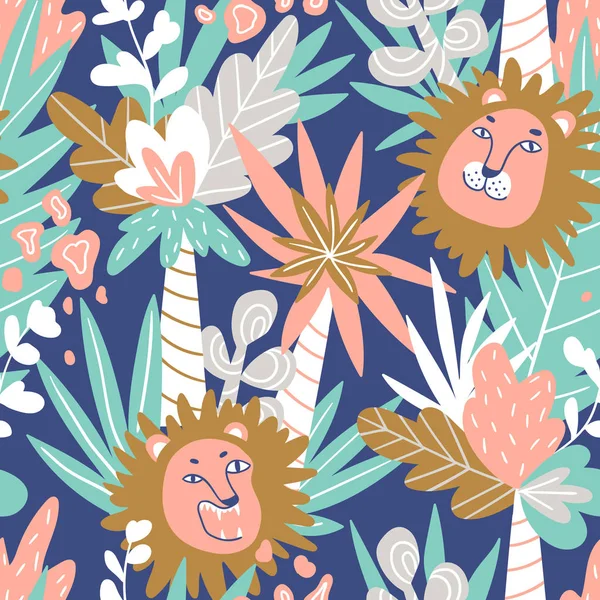 Fondo Sin Costuras Con Plantas Tropicales Palmeras Leones Animales Ilustración De Stock