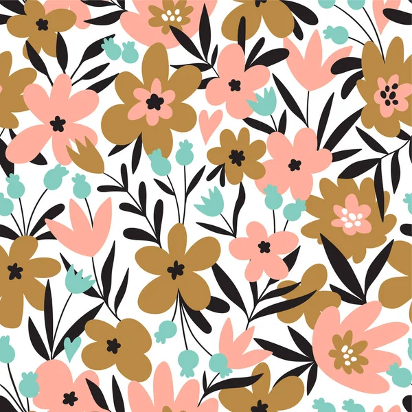 Nahtloses Muster Mit Blättern Und Blumen Floraler Hintergrund Vektorillustration — Stockvektor