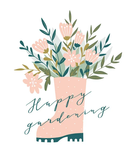 Cute Vector Seasonal Greeting Card Growing Flowers Flower Bed — Stock Vector