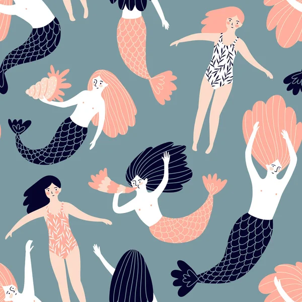 Carino Disegno Mano Senza Cuciture Con Sirene Ragazze Che Nuotano — Vettoriale Stock