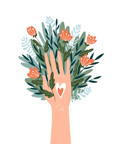 Mano Humana Con Corazón Plantas Hojas Ilustración Vectorial — Archivo Imágenes Vectoriales