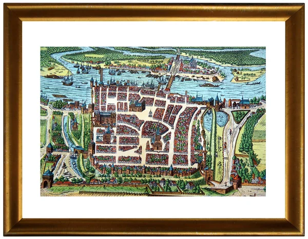 中世纪欧洲城市的古色古香的地图在框架作为内部装饰的元素 — 图库照片