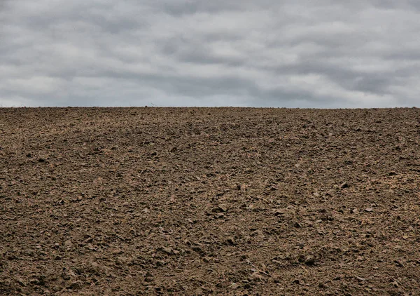 Plowed Field Dramatic Textured Sky Late Autumn — Stock Photo, Image