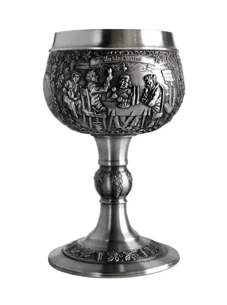 Silber Oder Zinnweinkelch Mit Flachrelief Und Lateinischer Inschrift Vino Veritas — Stockfoto
