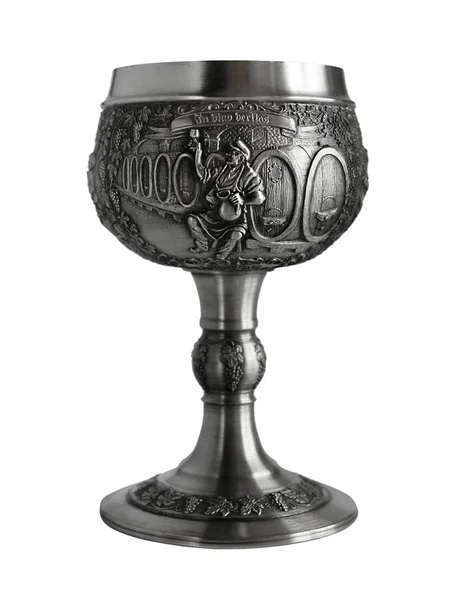 Silver Pewter Wine Goblet Bas Relief Latin Inscription Vino Veritas — Stock Photo, Image