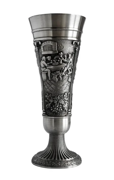 Silver Pewter Wine Goblet Bas Relief Dedicated Winemaking Isolated White — Stock Photo, Image