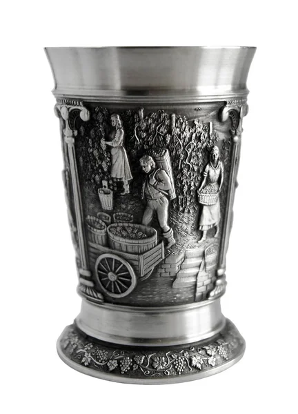 Silver Pewter Wine Goblet Bas Relief Dedicated Winemaking Isolated White — Stock Photo, Image