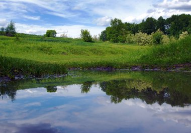 Su birikintisi bahar yağmur sonra ayna yansıması bir manzara olarak
