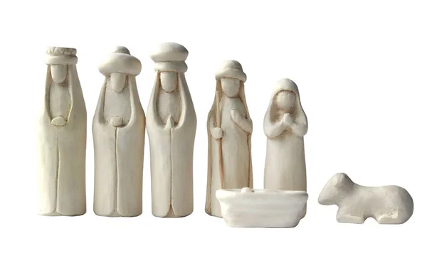 Figurines Noël Bois Rustique Isolées Sur Fond Blanc — Photo