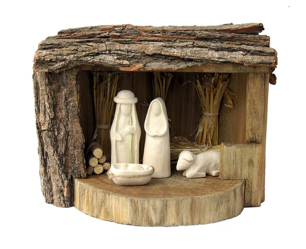 Natividad Navideña Madera Rústica Con Figuras Talladas Aisladas Sobre Fondo — Foto de Stock