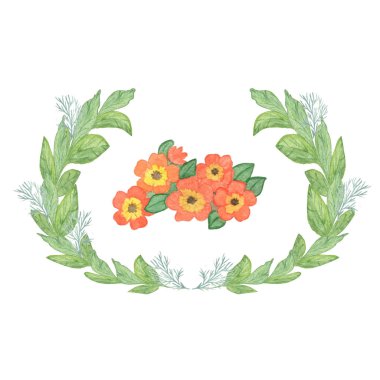 Çiçekli çerçeve, suluboya illüstrasyon, beyaz arka plan üzerine çiçek kompozisyonu, düğün tasarımı için çiçek süsü, tebrik kartları