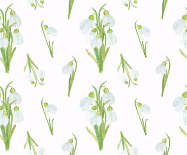 Kardelen beyaz arka planda dikişsiz desen çiçekleri