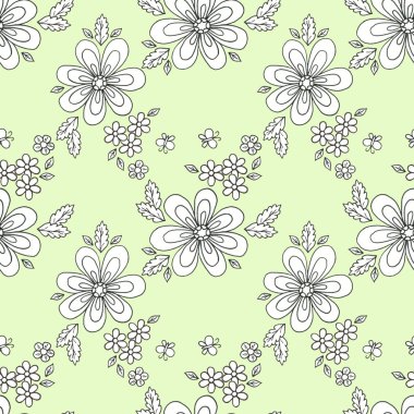 açık yeşil arka plan üzerinde kontur çiçek dikişsiz desen