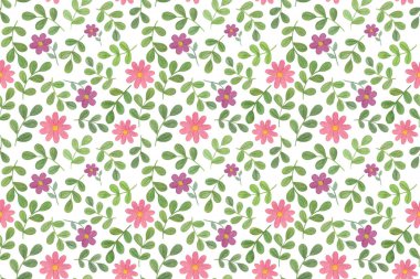 Suluboya el çizilmiş yaprakları ve gül ve beyaz arka plan üzerinde mor çiçekler. Farklı amaçlar için dikişsiz desen