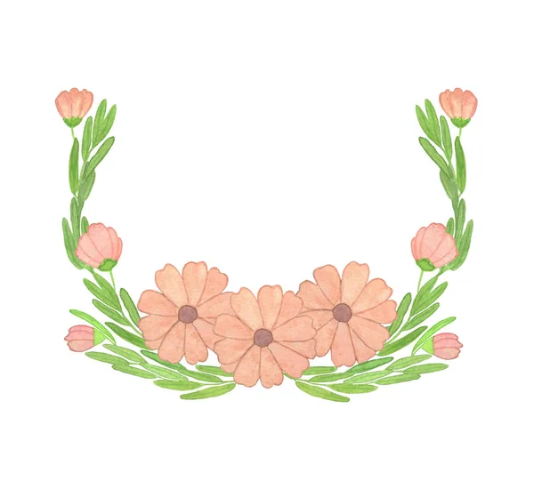 Runder Rahmen Mit Pfirsichfarbenen Blumen Und Blättern Aquarell Illustration Florale — Stockfoto