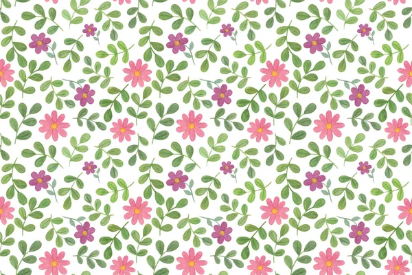 Watercolour hand drawn leaves and rose and purple flowers on the white background. Seamless pattern for different purposes