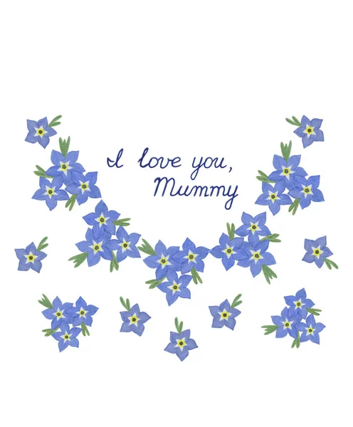 Carte de vœux Je t'aime maman avec bleu forget-me-nots — Photo