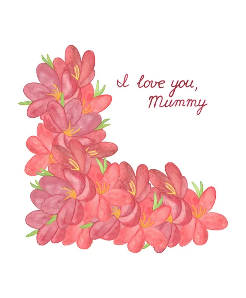 Greeting card I love you mummy with red flowers — Stock Photo, Image