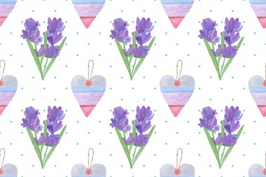 El çizilmiş suluboya tekstil kalp ve lavanta çiçekleri üzerinde 