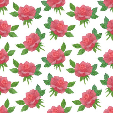 Kırmızı gül çiçeği dikişsiz desen, el çizilmiş çiçek kompozisyonu 